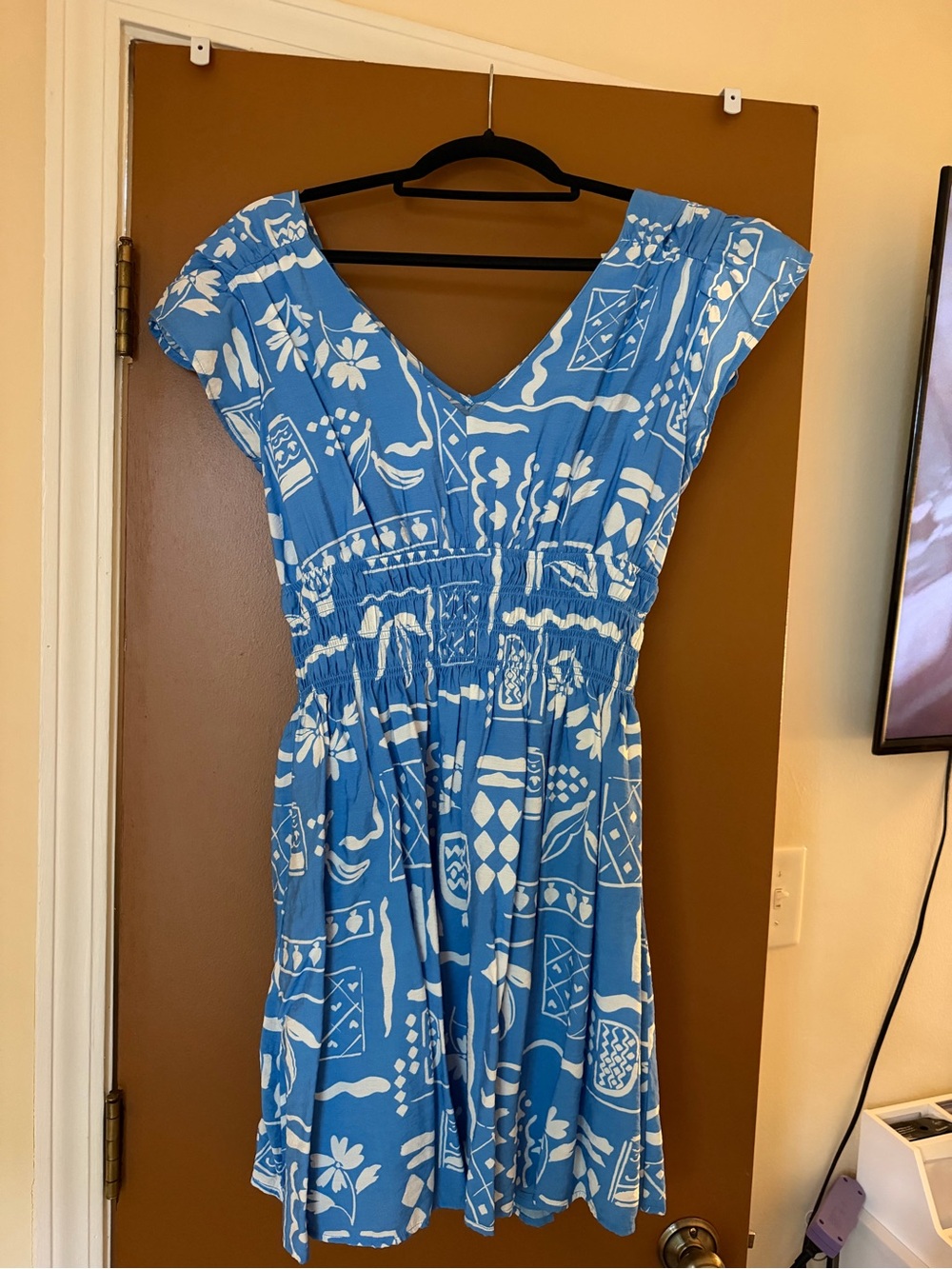 Blu Pepper Blue and White Printed V-Neck Mini Dress